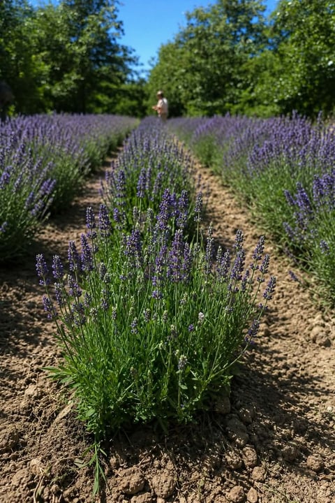 Purple lavender plants blooming in rows in a field with green trees and a person in the background under blue sky