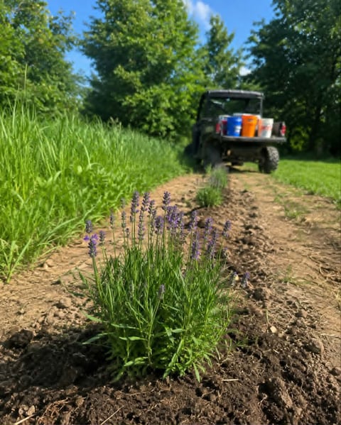 Purple lavender flowers blooming along a dirt road with a jeep carrying supplies in the distance and green trees under blue sky