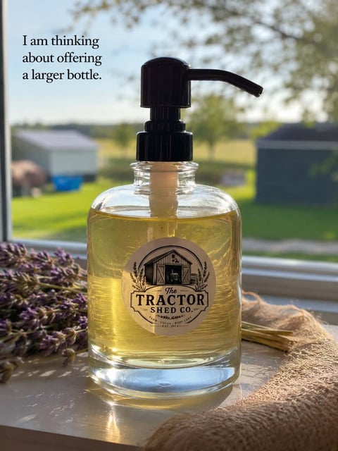 Clear glass bottle with black pump dispenser labeled Tractor Shed Co., filled with yellow liquid, displayed outdoors with rural background and dried flowers