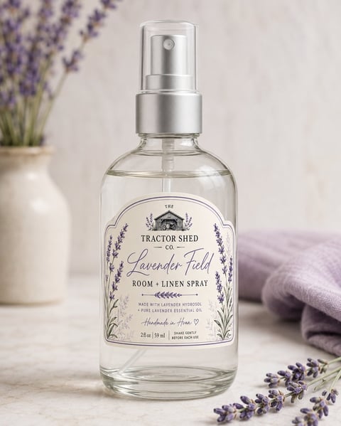 Clear glass spray bottle labeled Lavender Field room and linen spray surrounded by lavender flowers and a white vase